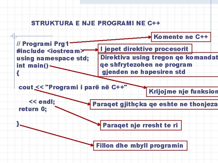 STRUKTURA E NJE PROGRAMI NE C++ // Programi Prg 1 #include <iostream> using namespace