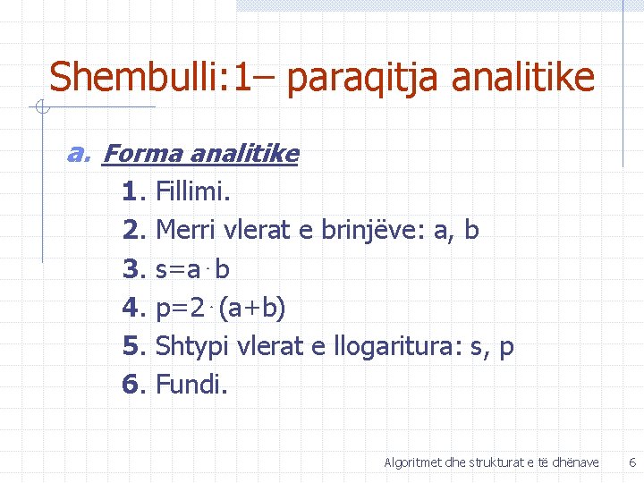 Shembulli: 1– paraqitja analitike a. Forma analitike 1. 2. 3. 4. 5. 6. Fillimi.