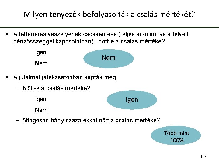 Milyen tényezők befolyásolták a csalás mértékét? § A tettenérés veszélyének csökkentése (teljes anonimitás a