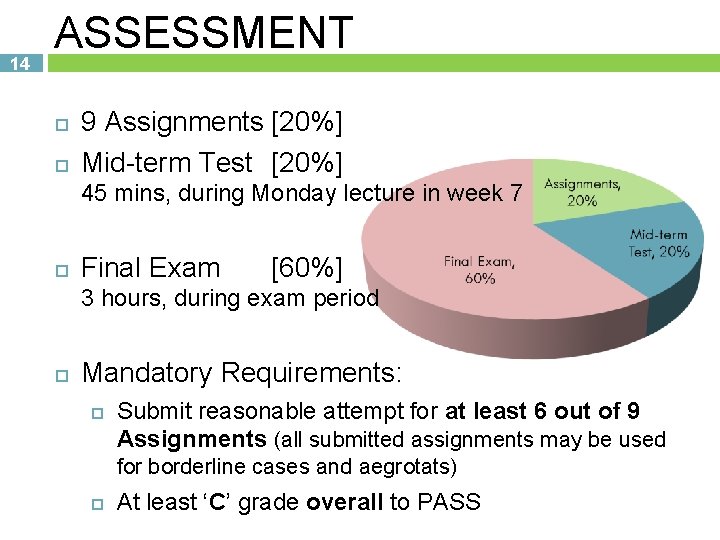 14 ASSESSMENT 9 Assignments [20%] Mid-term Test [20%] 45 mins, during Monday lecture in