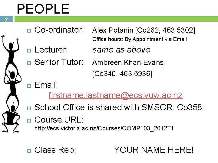 2 PEOPLE Co-ordinator: Alex Potanin [Co 262, 463 5302] Office hours: By Appointment via