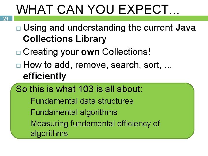 21 WHAT CAN YOU EXPECT. . . Using and understanding the current Java Collections