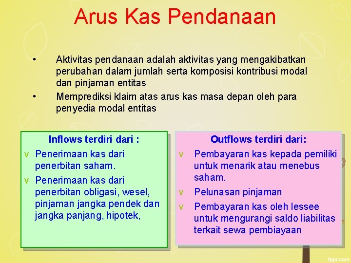 Arus Kas Pendanaan • • Aktivitas pendanaan adalah aktivitas yang mengakibatkan perubahan dalam jumlah