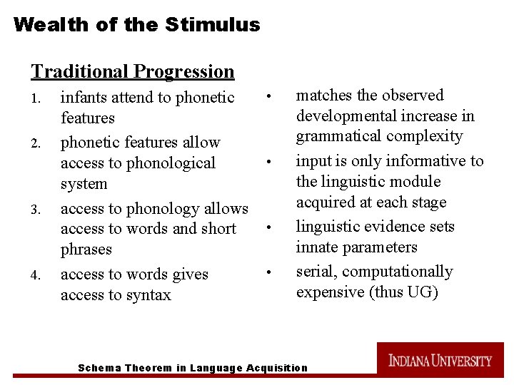 Wealth of the Stimulus Traditional Progression 1. 2. 3. 4. infants attend to phonetic