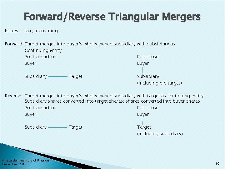 Forward/Reverse Triangular Mergers Issues: tax, accounting Forward: Target merges into buyer’s wholly owned subsidiary