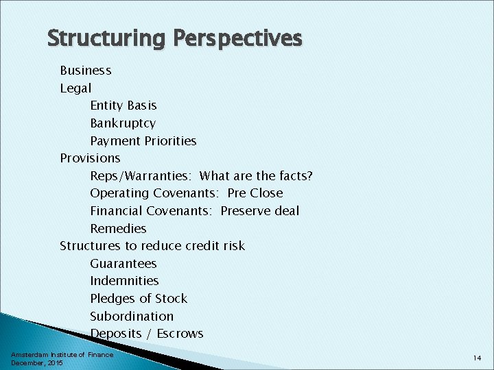 Structuring Perspectives Business Legal Entity Basis Bankruptcy Payment Priorities Provisions Reps/Warranties: What are the