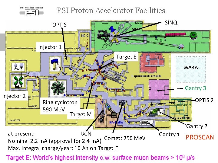 PSI Proton Accelerator Facilities SINQ OPTIS Injector 1 Target E Gantry 3 Injector 2 PSI Proton Accelerator Facilities SINQ OPTIS Injector 1 Target E Gantry 3 Injector 2
