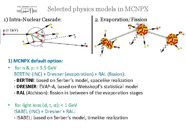 Selected physics models in MCNPX 1) Intra-Nuclear Cascade: 2. Evaporation/Fission 1) MCNPX default option: Selected physics models in MCNPX 1) Intra-Nuclear Cascade: 2. Evaporation/Fission 1) MCNPX default option: