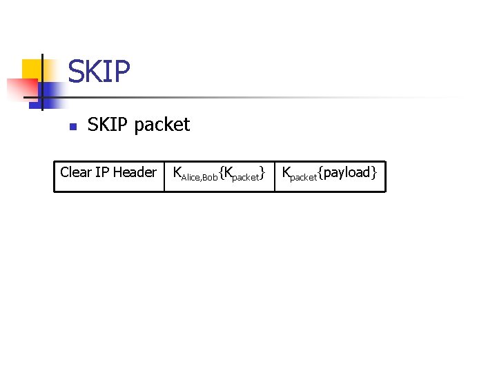SKIP n SKIP packet Clear IP Header KAlice, Bob{Kpacket} Kpacket{payload} 