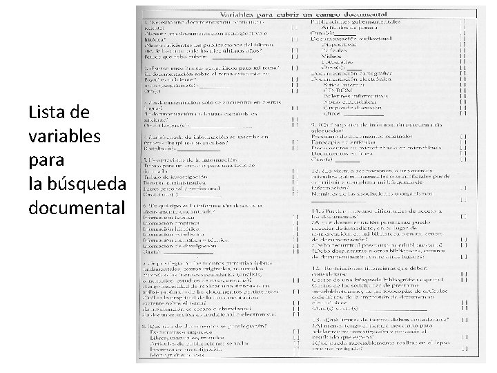 Lista de variables para la búsqueda documental 