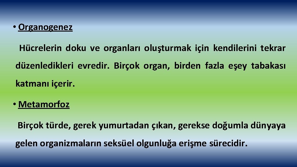  • Organogenez Hücrelerin doku ve organları oluşturmak için kendilerini tekrar düzenledikleri evredir. Birçok