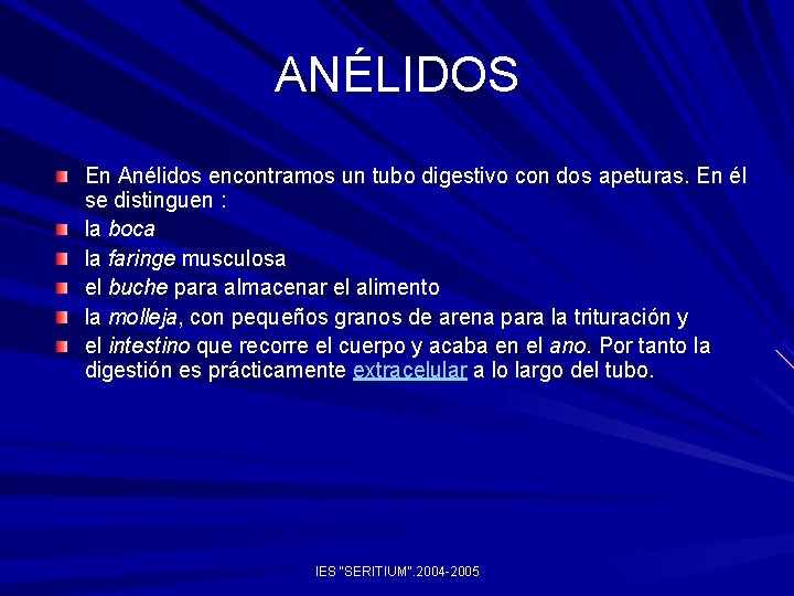 ANÉLIDOS En Anélidos encontramos un tubo digestivo con dos apeturas. En él se distinguen ANÉLIDOS En Anélidos encontramos un tubo digestivo con dos apeturas. En él se distinguen