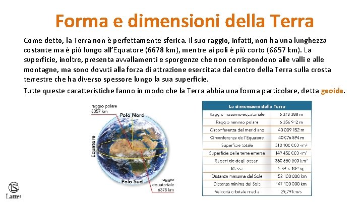 Forma e dimensioni della Terra Come detto, la Terra non è perfettamente sferica. Il