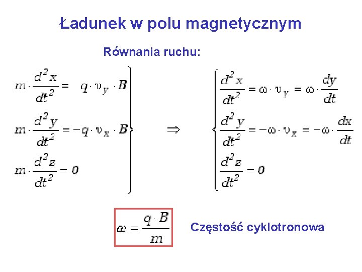 Ładunek w polu magnetycznym Równania ruchu: Częstość cyklotronowa 