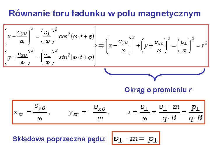 Równanie toru ładunku w polu magnetycznym Okrąg o promieniu r Składowa poprzeczna pędu: 