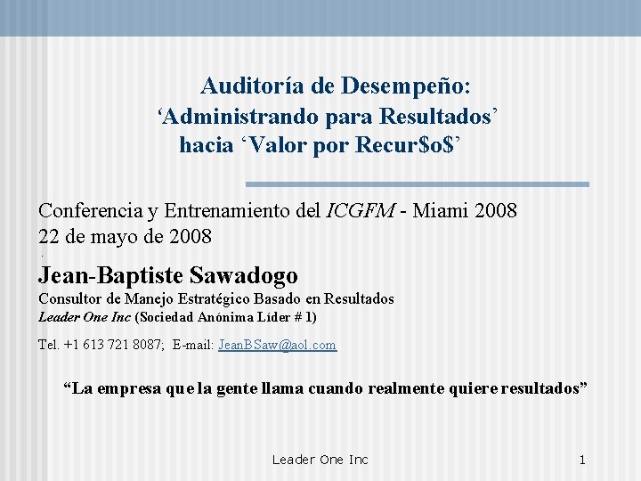 Auditora de Desempeo Administrando para Resultados hacia Valor