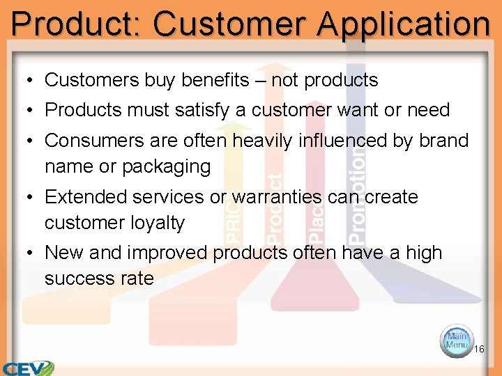 Product: Customer Application • Customers buy benefits – not products • Products must satisfy Product: Customer Application • Customers buy benefits – not products • Products must satisfy