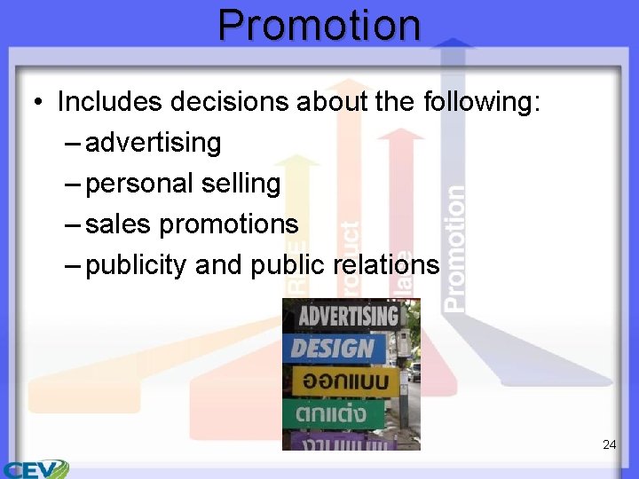 Promotion • Includes decisions about the following: – advertising – personal selling – sales Promotion • Includes decisions about the following: – advertising – personal selling – sales