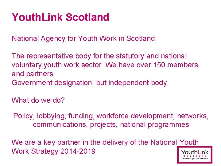 Youth. Link Scotland National Agency for Youth Work in Scotland: The representative body for