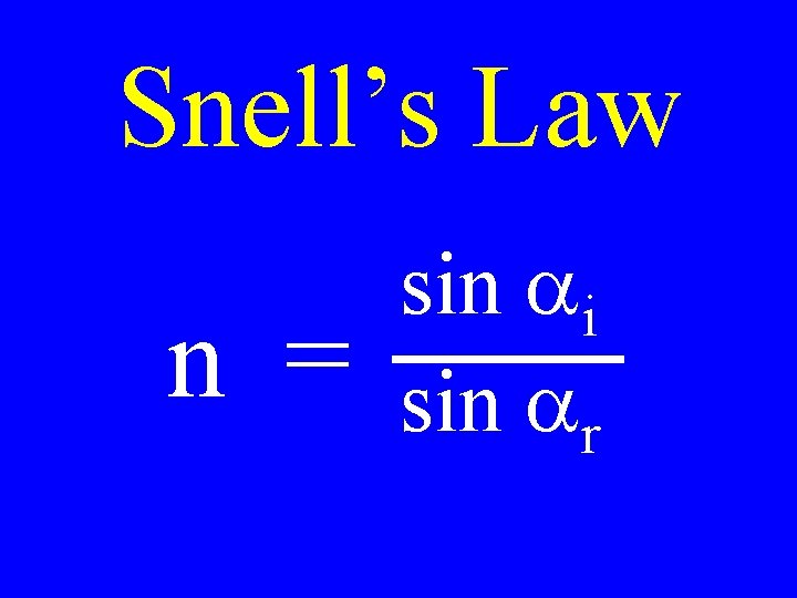 Snell’s Law n = sin ai sin ar 