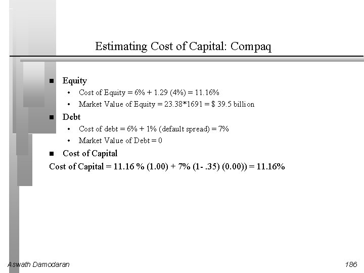 Estimating Cost of Capital: Compaq Equity • • Cost of Equity = 6% +