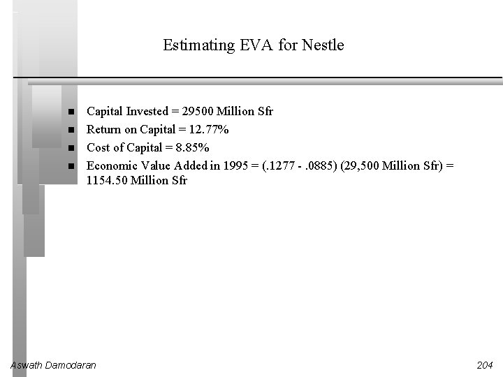 Estimating EVA for Nestle Capital Invested = 29500 Million Sfr Return on Capital =