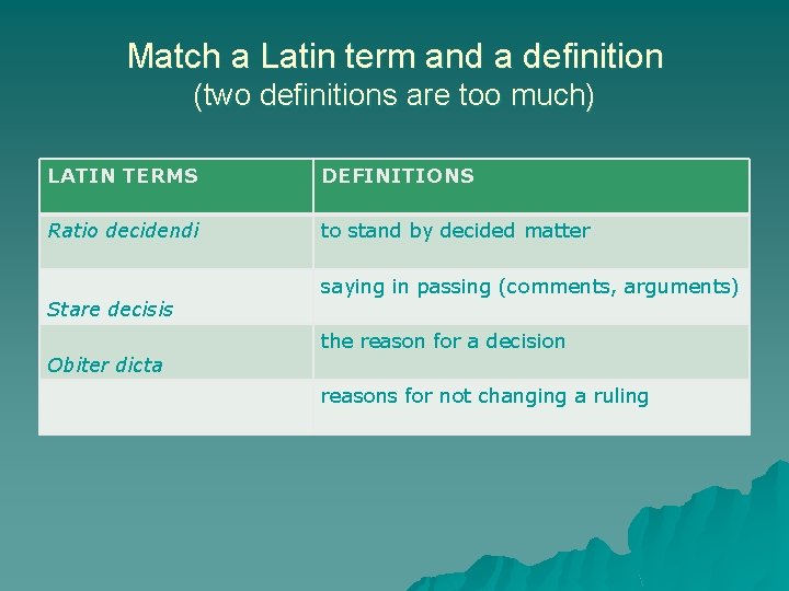 Match a Latin term and a definition (two definitions are too much) LATIN TERMS