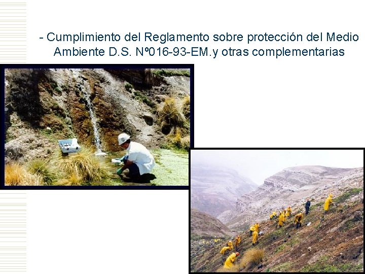 - Cumplimiento del Reglamento sobre protección del Medio Ambiente D. S. Nº 016 -93