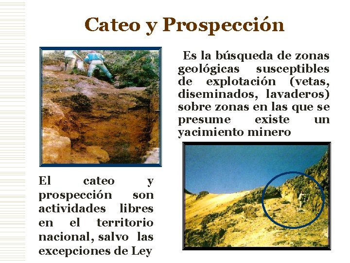 Cateo y Prospección Es la búsqueda de zonas geológicas susceptibles de explotación (vetas, diseminados,