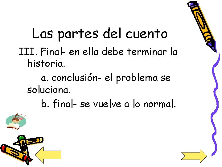 Las partes del cuento III. Final- en ella debe terminar la historia. a. conclusión-