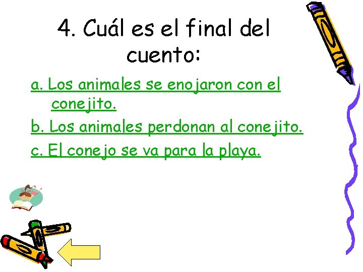 4. Cuál es el final del cuento: a. Los animales se enojaron con el