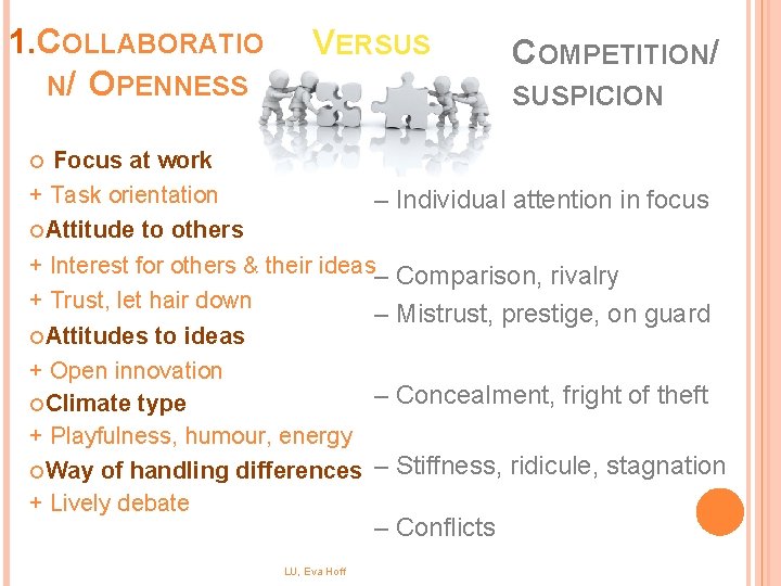 1. COLLABORATIO N/ OPENNESS VERSUS , COMPETITION/ SUSPICION Focus at work + Task orientation