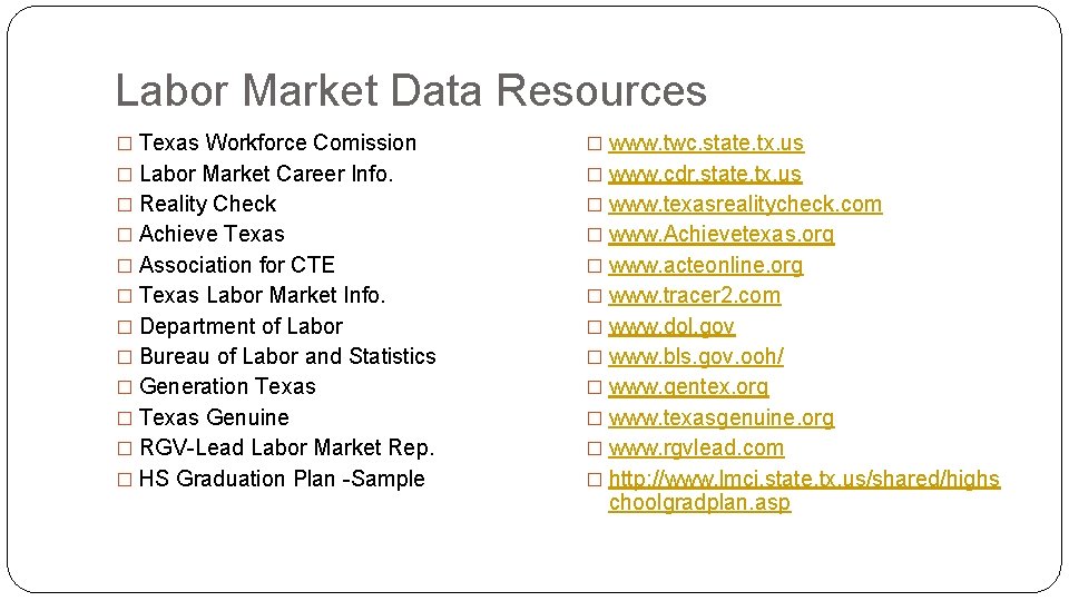 Labor Market Data Resources � Texas Workforce Comission � www. twc. state. tx. us
