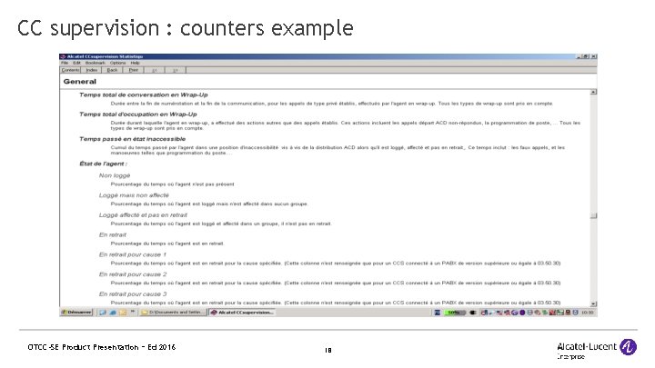 CC supervision : counters example OTCC-SE Product Presentation – Ed 2016 18 