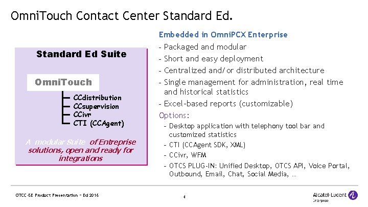 Omni. Touch Contact Center Standard Ed Suite Omni. Touch CCdistribution CCsupervision CCivr CTI (CCAgent)