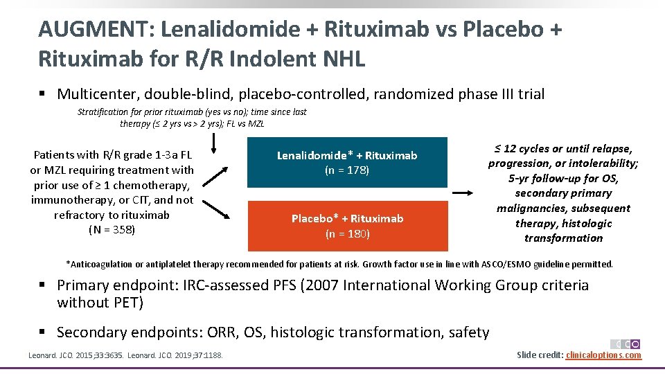 AUGMENT: Lenalidomide + Rituximab vs Placebo + Rituximab for R/R Indolent NHL § Multicenter,