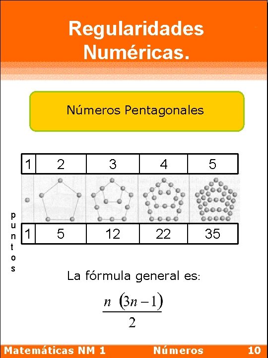 Regularidades Numéricas. Números Pentagonales p u n t o s 1 2 3 4