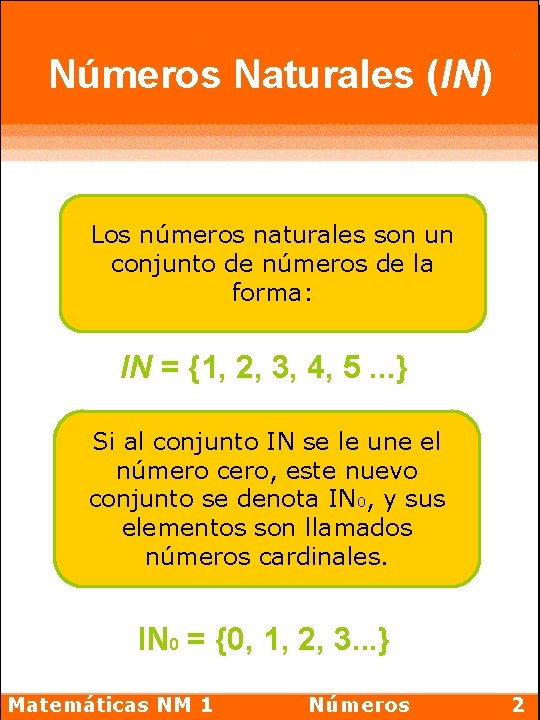 Números Naturales (IN) Los números naturales son un conjunto de números de la forma: