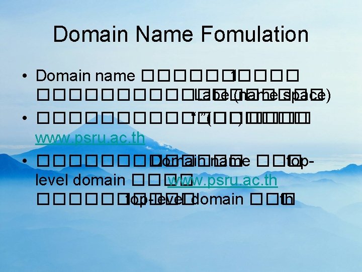 Domain Name Fomulation • Domain name ����� 1 ��������� Label(name space) • ��������� “.