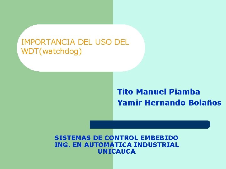 IMPORTANCIA DEL USO DEL WDT(watchdog) Tito Manuel Piamba Yamir Hernando Bolaños SISTEMAS DE CONTROL