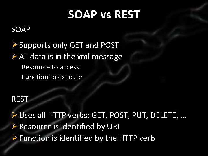 SOAPMaster vs REST Click to edit title style SOAP • Supports only GET and