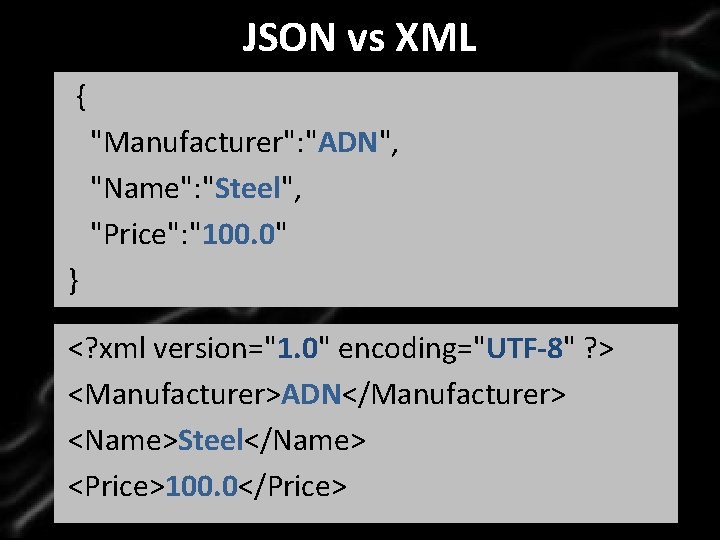 JSON vs XML Click to edit Master title style { • "Manufacturer": "ADN", Click