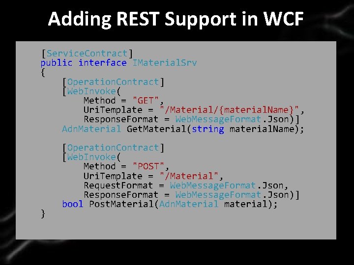 Adding RESTMaster Support in WCF Click to edit title style [Service. Contract] public interface