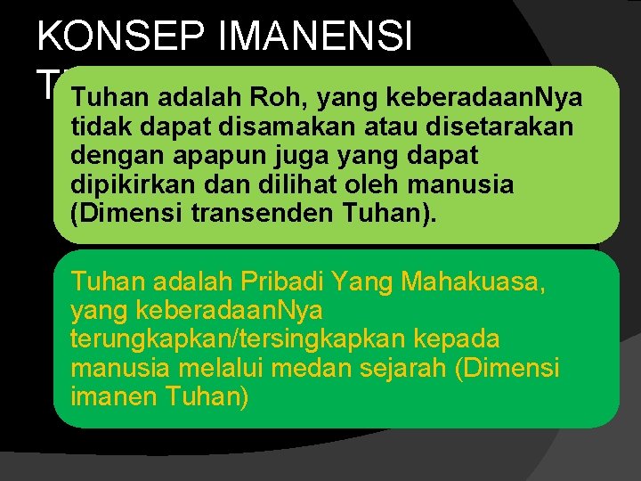 KONSEP IMANENSI TUHAN Tuhan adalah Roh, yang keberadaan. Nya tidak dapat disamakan atau disetarakan