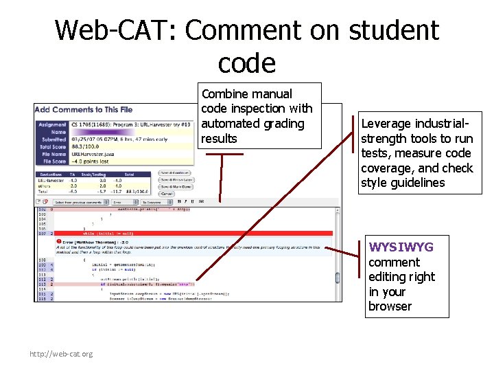 Web-CAT: Comment on student code Combine manual code inspection with automated grading results Leverage
