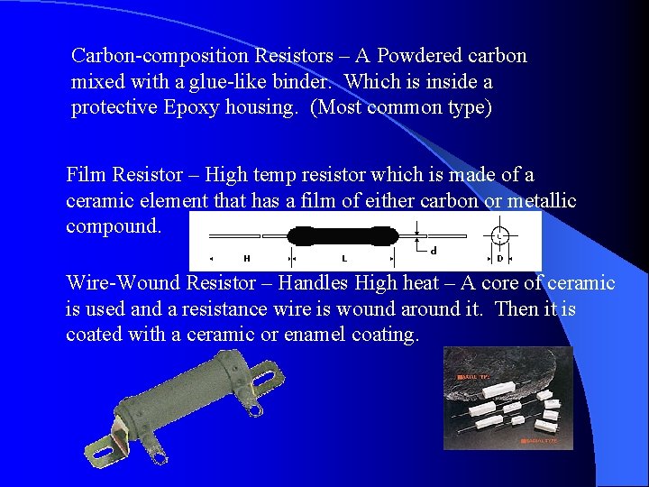 Carbon-composition Resistors – A Powdered carbon mixed with a glue-like binder. Which is inside