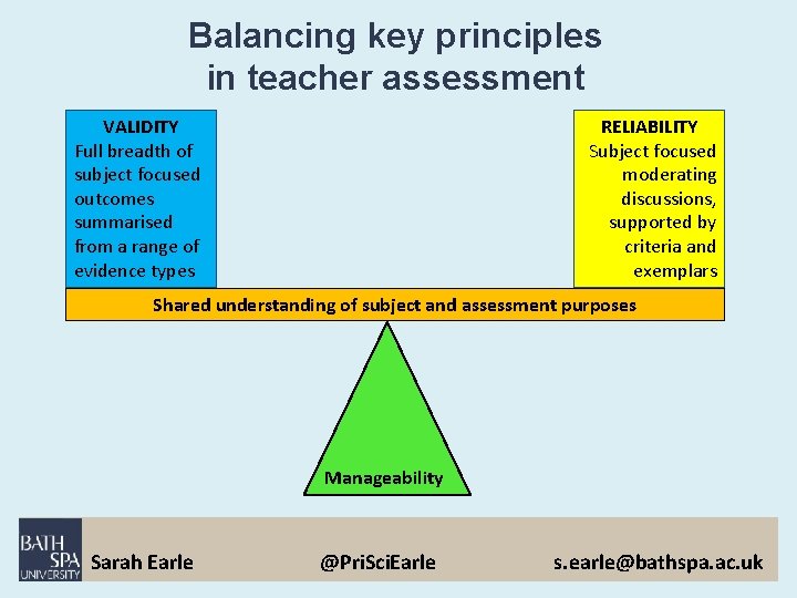 Balancing key principles in teacher assessment VALIDITY Full breadth of subject focused outcomes summarised