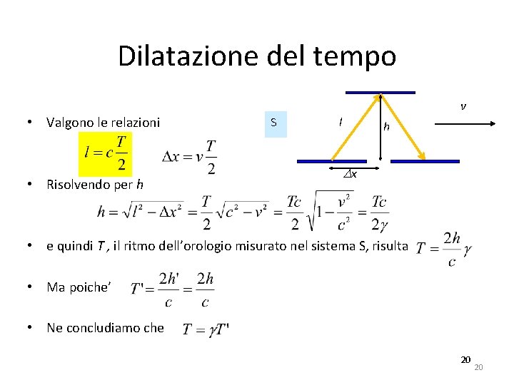 Dilatazione del tempo v • Valgono le relazioni • Risolvendo per h S l