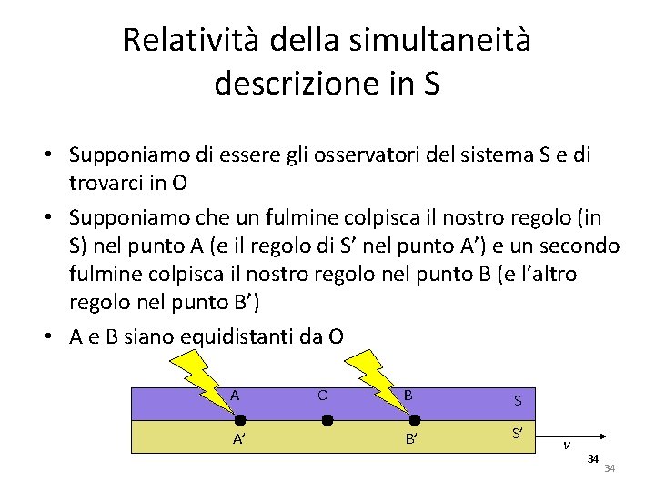 Relatività della simultaneità descrizione in S • Supponiamo di essere gli osservatori del sistema