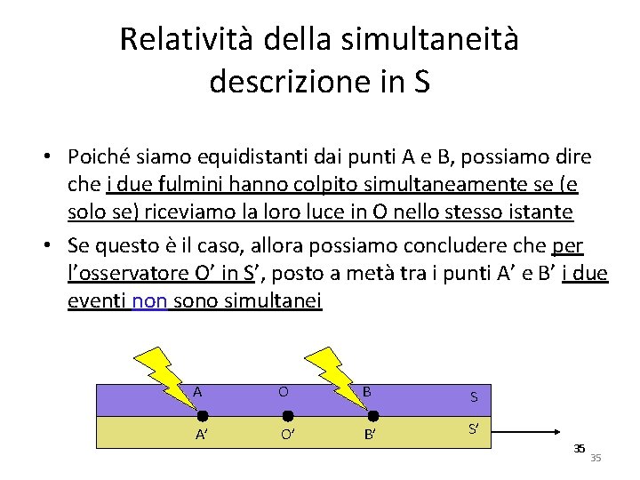 Relatività della simultaneità descrizione in S • Poiché siamo equidistanti dai punti A e